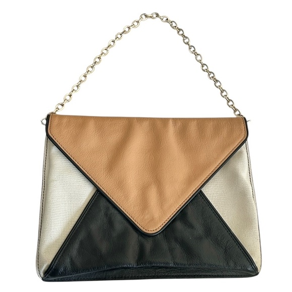 Banana Republic Theresa Envelope Clutch Leather Black Beige Tan Purse Chain